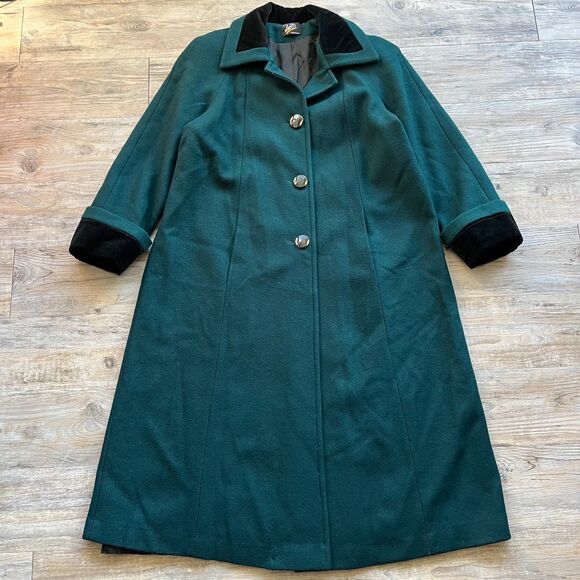 Vintage Wool Trench Coat Women's Large Green Velvet Black Neck Buttons 80s 90s - Picture 1 of 11
